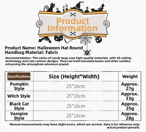 Size chart for Halloween candy bags featuring pumpkin, witch, black cat, and vampire styles