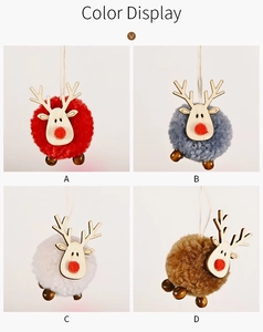 Detail showing colorful felt reindeer ornaments with wooden heads in four colors