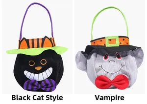 Detail of Halloween non-woven candy bags with black cat and grey vampire themed designs