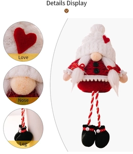Detail view of Christmas gnome with knit hat, love heart, and striped hanging legs
