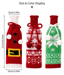 Detailed size display of three knitted Christmas wine bottle covers with holiday patterns