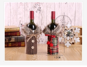 Detailed view of plaid and tweed Christmas wine bottle covers with faux fur collars