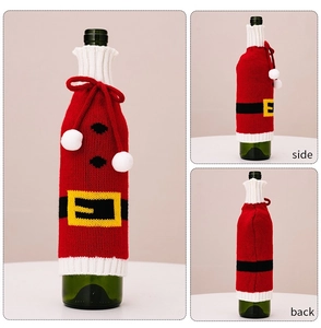 Knitted Santa suit wine bottle cover with white pompom ties and multi-angle views