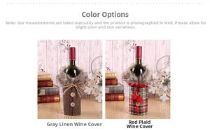 Detail view of burlap Christmas wine bottle covers with faux fur collars and bows