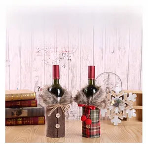 Detail of tweed Christmas wine bottle covers with faux fur collars and wooden buttons
