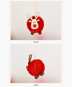 Front and side view of felt reindeer ornament with red plush ball and wooden details