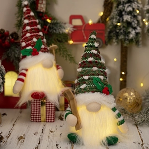 Close-up of LED glowing Christmas gnomes with knitted hats and warm plush beards