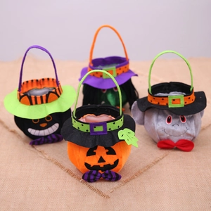 Set of four plush Halloween trick or treat gift bags with pumpkin and black cat designs