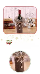 Detail of Christmas wine bottle cover with brown chevron fabric and faux fur collar decoration