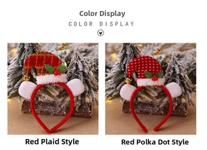 Detail of Christmas headbands with red plaid and polka dot mini hats and small gold bells