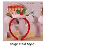 Detail of a Christmas headband with beige plaid elf hat, golden bells and plush decor