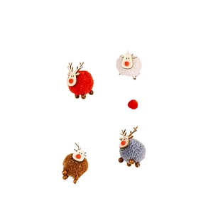 Set of four handmade felt reindeer ornaments with colorful plush balls and wooden details