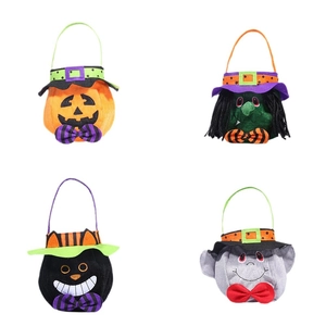 Set of four colorful Halloween trick-or-treat bags featuring pumpkin, witch, cat, and ghost