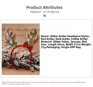 Detail showing glitter antler headband dimensions 24x21cm and festive bell material
