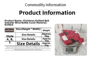Detail view of red knitted Christmas wine bottle covers showing weight and dimensions