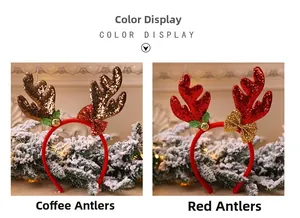 Detailed view of Christmas antler headbands in brown and red with sparkling glitter finish