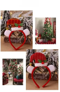 Detailed Christmas headbands featuring festive plaid and polka dot hats with bells