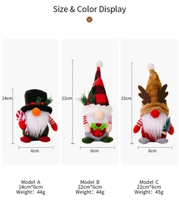 Detailed views of Christmas gnomes with plaid hats and antlers, showing product dimensions