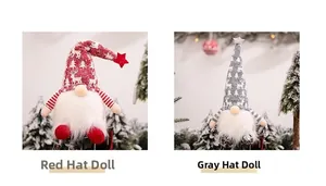Detail of red and grey Christmas gnome plush with glowing lights and reindeer hat pattern