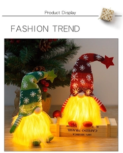 Detail of glowing LED Christmas gnomes with knitted hats and warm snowflake patterns