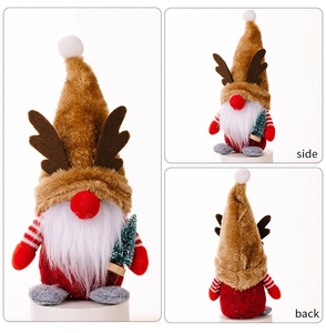 Three views showing front side and back of a Christmas gnome with antlers and tree