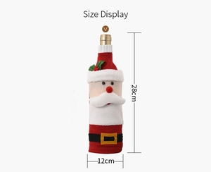 Size display of a red knitted Santa wine bottle cover with 3D beard and belt details