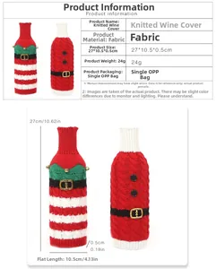 Detailed size specifications for Santa and elf knitted wine bottle covers with belt buckle