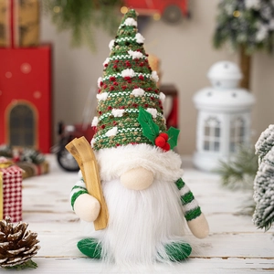 Lighted Christmas gnome plush with knit hat and wooden skis on festive holiday background