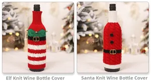 Detail of Santa and Elf knitted wine bottle covers with festive belt and bell accents