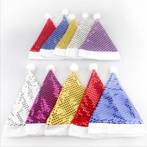 Assorted sequin Christmas hats in red blue gold and silver with white plush trim