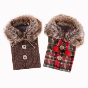 Christmas wine bottle covers with faux fur collar and bow in plaid and herringbone patterns