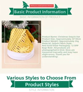 Detailed size specifications for a gold sequined Christmas hat with white plush trim