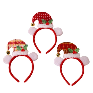 Three Christmas headbands with plush mini hats, green holly leaves and golden bells