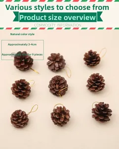 Set of 9 natural pine cones with gold hanging strings for Christmas tree decoration