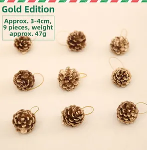 Nine gold Christmas pinecone ornaments with hanging strings for holiday tree decoration
