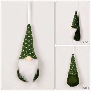Three-sided view of knitted Christmas gnome ornaments featuring green hats and plush beards