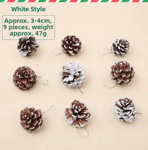 Close-up of 9-piece natural brown pine cones with white snow effect and silver strings