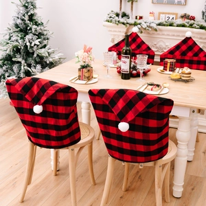 Christmas Chair Covers Red and Black Buffalo Plaid Santa Hat Chair Back Covers For Dining Room Holiday Party Home Decor