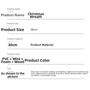 Detailed specifications for 30cm Christmas wreath made of PVC, wire, foam and wood