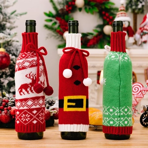 Three-piece set of knitted Christmas wine bottle covers with elk and Santa motifs