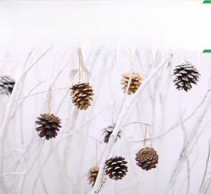Detail of assorted natural and metallic pine cones hanging from branches for Christmas