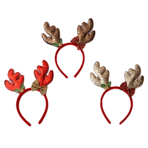 Three sequined reindeer antler headbands with festive bells and leaves for Christmas parties