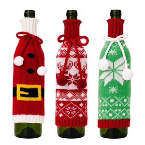 Three-piece knitted Christmas wine bottle covers with Santa, deer and snowflake patterns
