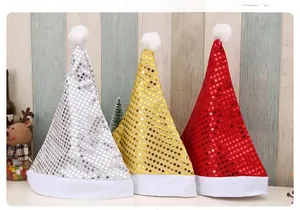 Detailed view of sequin Christmas hats in silver, gold, and red with white plush trim