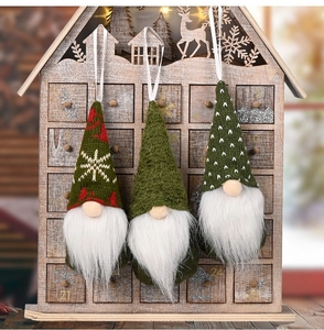 Detailed close-up of three knitted Christmas gnomes with white faux fur beards and hanging loops