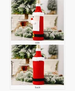 Detailed side and back views of Santa Claus themed knitted plush wine bottle cover set