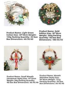 Detailed close-up showing four festive Christmas wreaths with reindeer, snowman and bells