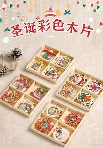 Detail of assorted colorful wooden Christmas pendants with golden strings on plush background