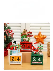 Close-up of wooden Christmas countdown calendar with reindeer and snowman figures