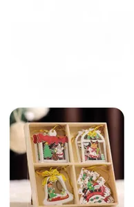 Detailed view of four painted wooden Christmas ornaments in a natural wooden storage box